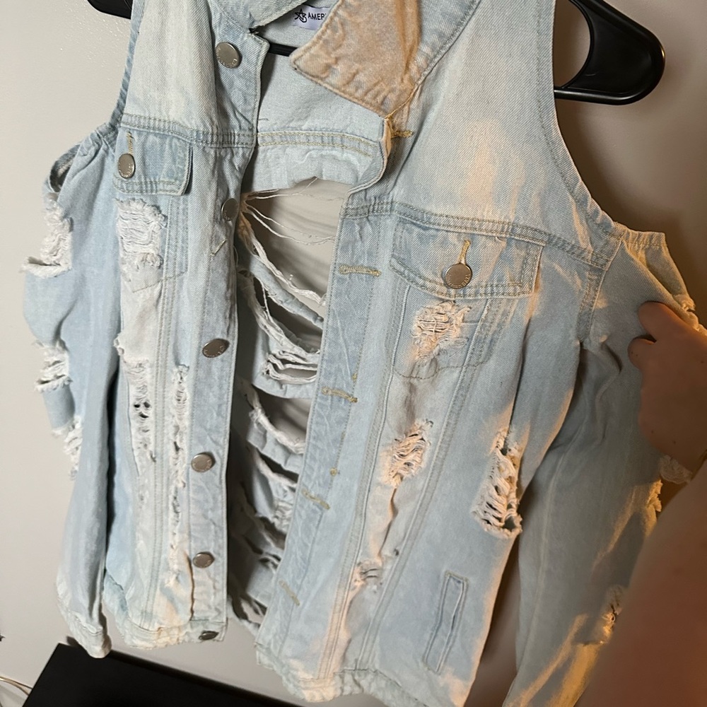 Women’s Open Shoulder Distressed Jean Jacket with Open/Distressed Back